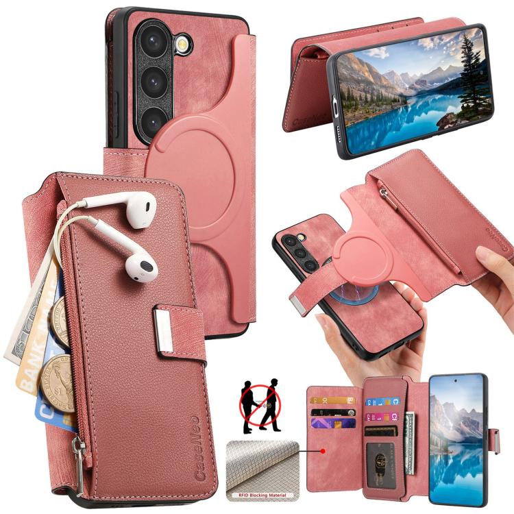 Funda Neo MagSafe RFID antirrobo con cremallera para Samsung Galaxy S23 5G, de cuero estilo retro (rosa)