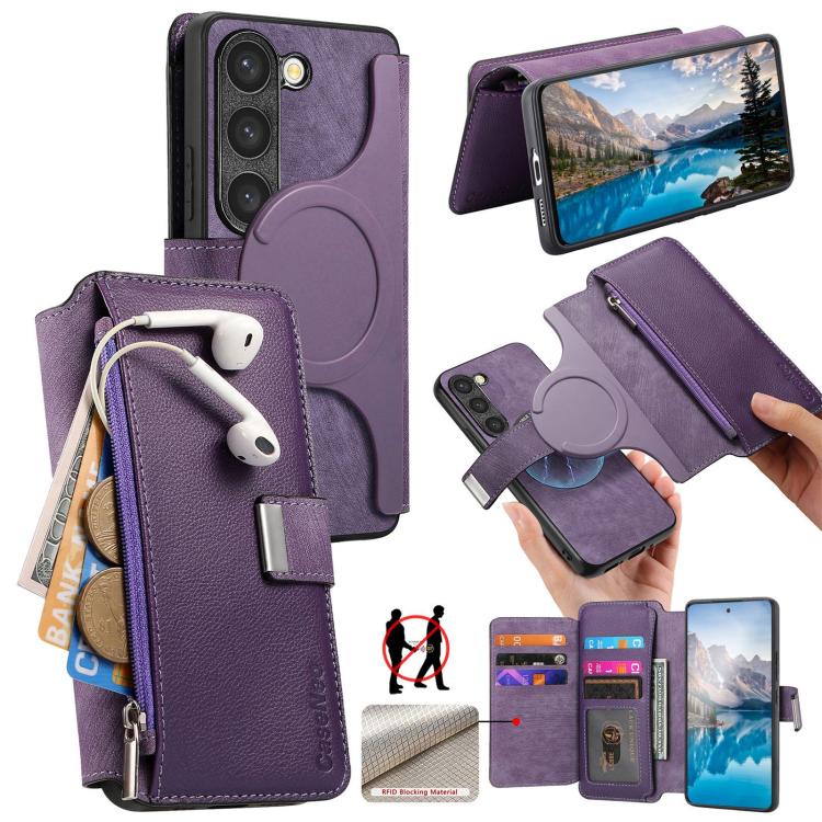 Funda Neo MagSafe RFID antirrobo con cremallera para Samsung Galaxy S23 5G, de cuero estilo retro (morado)