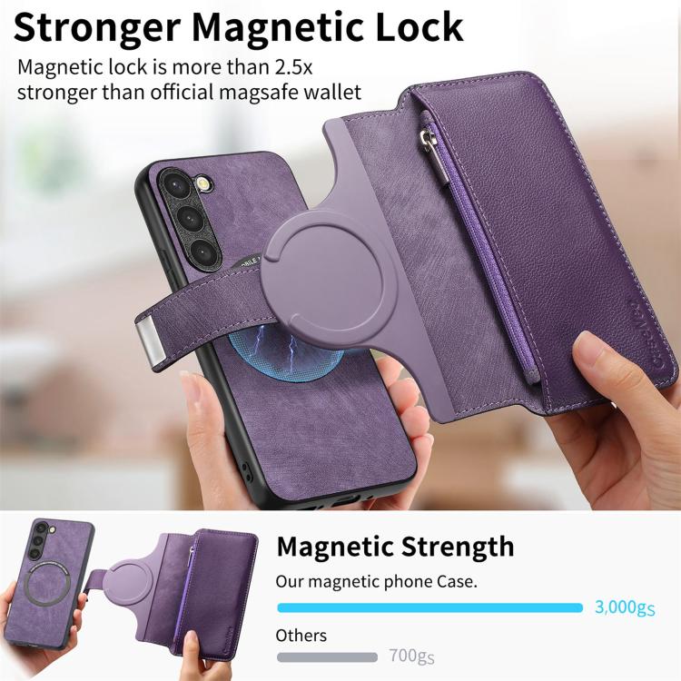 Funda Neo MagSafe RFID antirrobo con cremallera para Samsung Galaxy S23 5G, de cuero estilo retro (morado)
