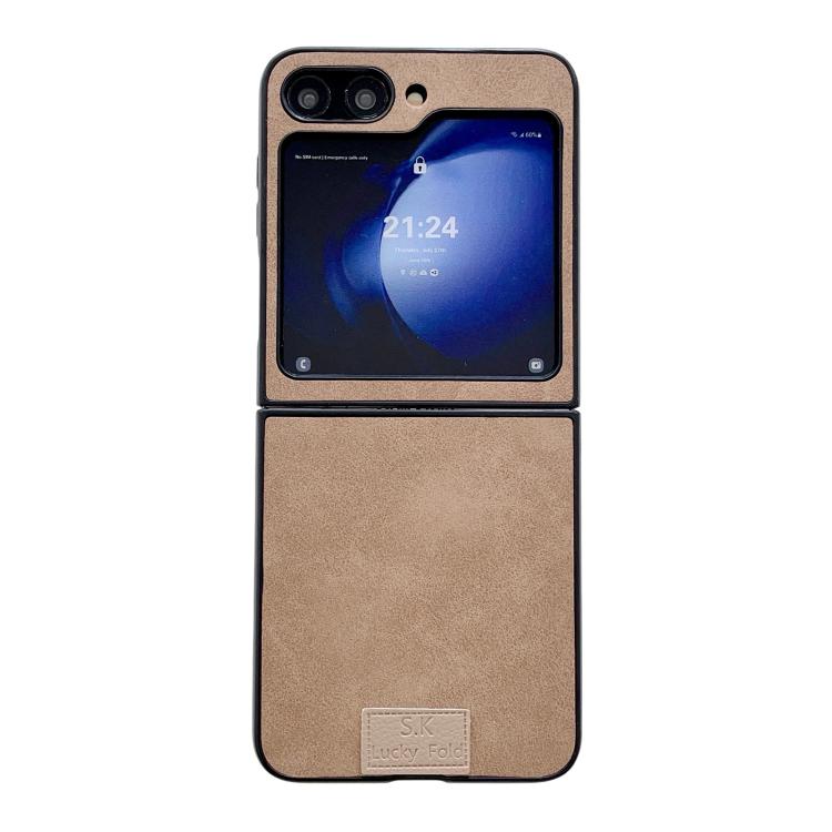 Funda de piel de cordero y corcho para Samsung Galaxy Z Flip5 5G, color marrón (borde negro)