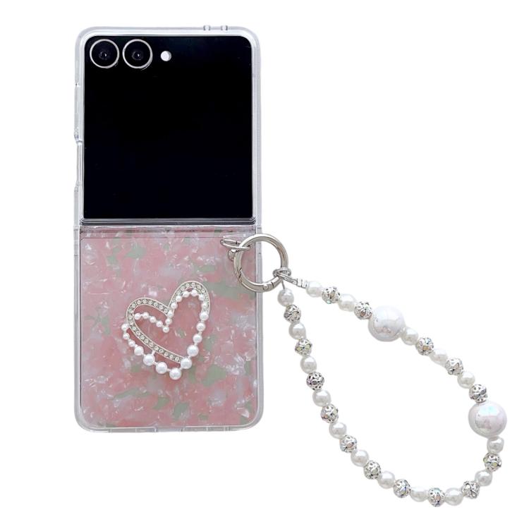 Funda para Samsung Galaxy Z Flip7 5G con textura perlada y patrón de corazón, con pulsera (rosa y verde)