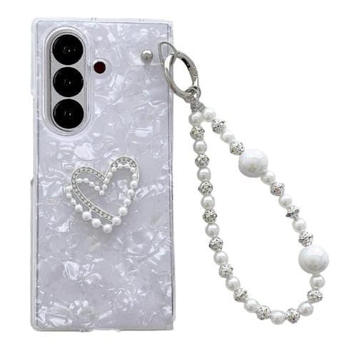 Funda para Samsung Galaxy Z Fold7 5G con textura perlada y patrón de corazón, con pulsera (blanca)