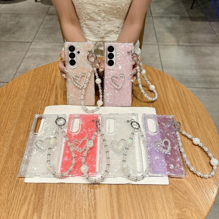 Funda para Samsung Galaxy Z Fold7 5G con textura perlada y patrón de corazón, con pulsera (rosa)