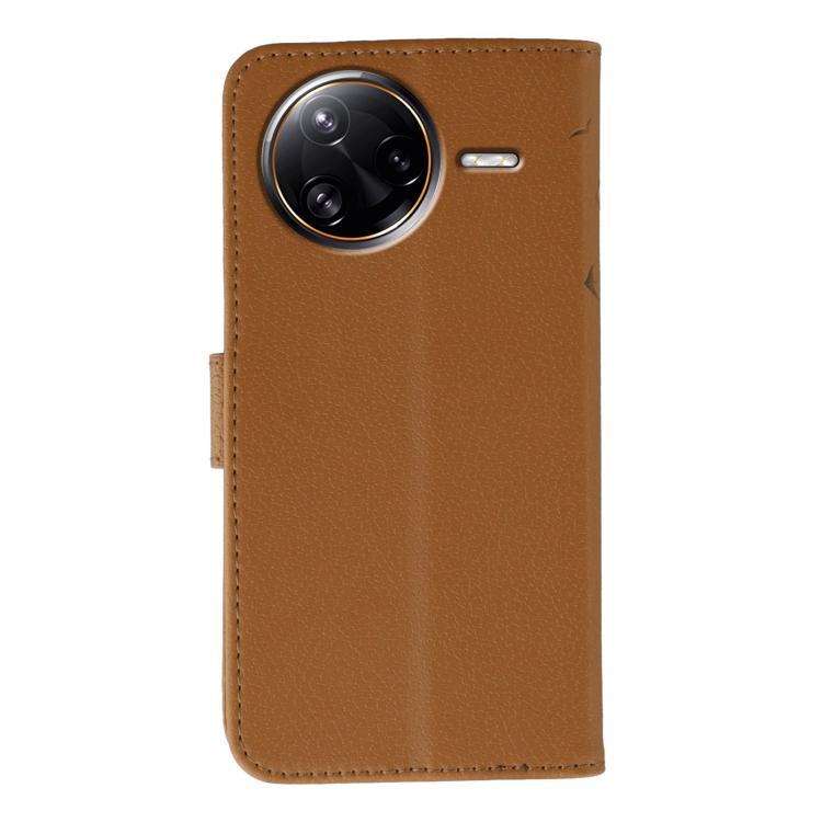 Funda de cuero con textura de lichi y estampado de plumas para Xiaomi Poco F7 Ultra / Redmi K80 Pro (marrón)