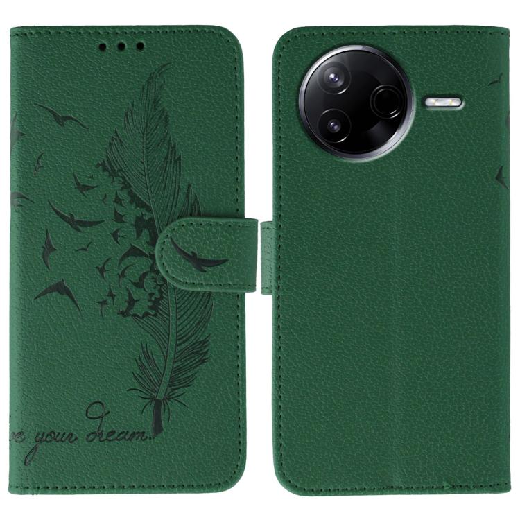 Funda de cuero con textura de lichi y estampado de plumas para Xiaomi Poco F7 Pro / Redmi K80 (verde)