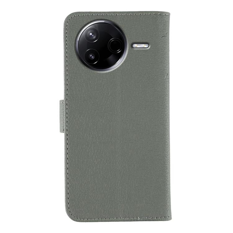 Funda de cuero con textura de lichi y estampado de plumas para Xiaomi Poco F7 Pro/Redmi K80 (gris)