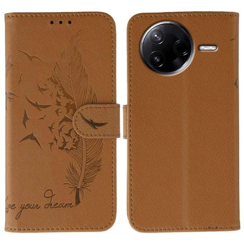 Funda de cuero con textura de lichi y estampado de plumas para Xiaomi Poco F7 Pro/Redmi K80 (marrón)