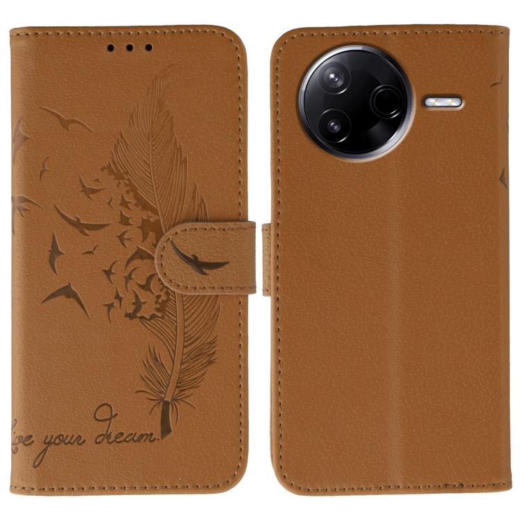 Funda de cuero con textura de lichi y estampado de plumas para Xiaomi Poco F7 Pro/Redmi K80 (marrón)