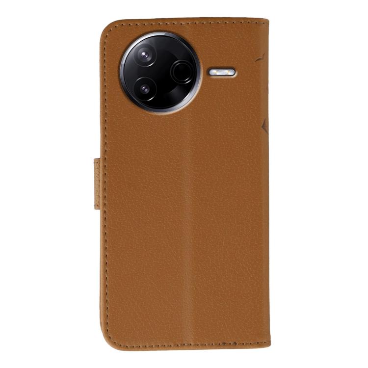 Funda de cuero con textura de lichi y estampado de plumas para Xiaomi Poco F7 Pro/Redmi K80 (marrón)