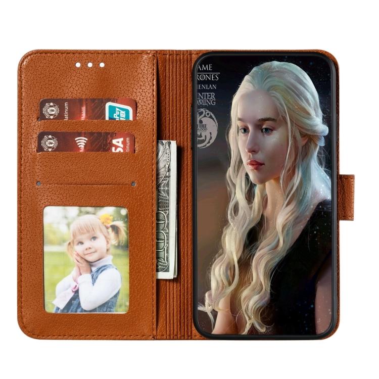 Funda de cuero con textura de lichi y estampado de plumas para Xiaomi Poco F7 Pro/Redmi K80 (marrón)