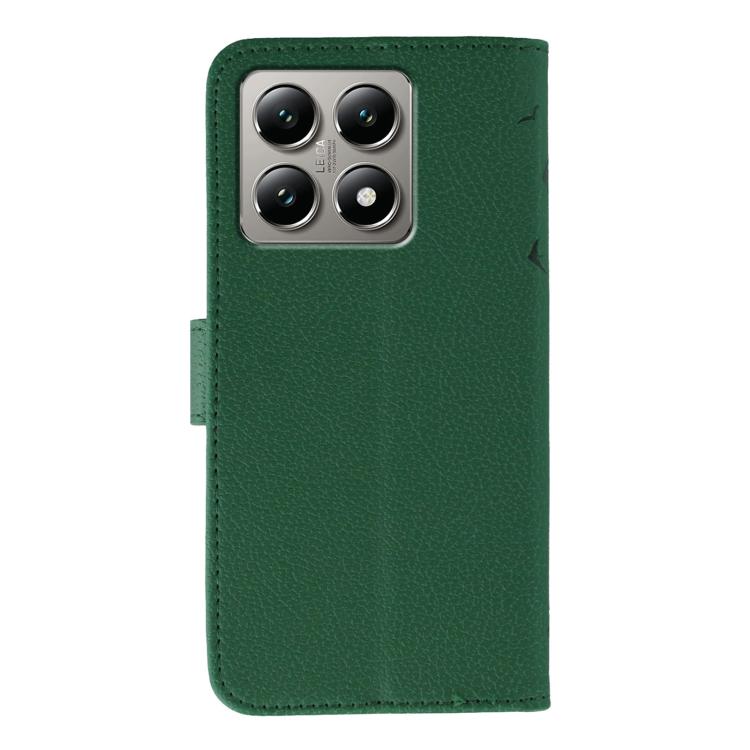 Funda de cuero con textura de lichi y estampado de plumas para Xiaomi 14T Pro (verde)