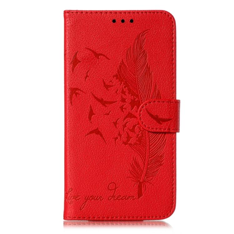 Funda de cuero con textura de lichi y estampado de plumas para Xiaomi 14T (roja)