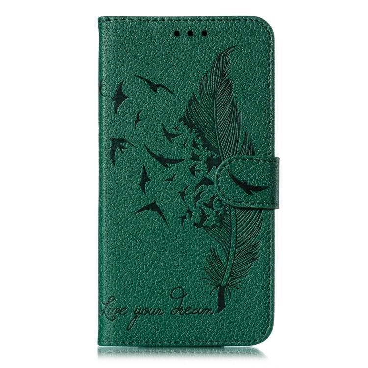 Funda de cuero con textura de lichi y estampado de plumas para Xiaomi 14T (verde)
