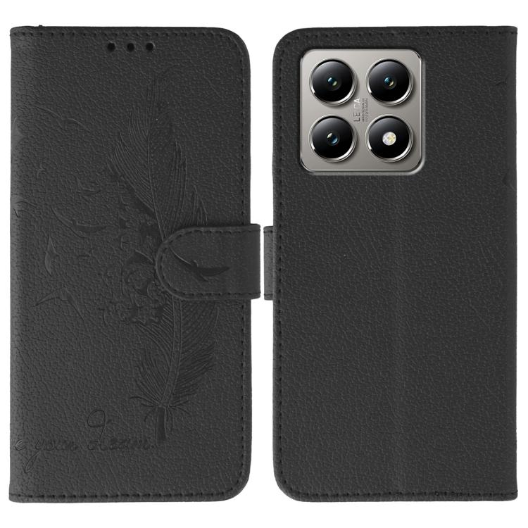 Funda de cuero con textura de lichi y estampado de plumas para Xiaomi 14T (negra)
