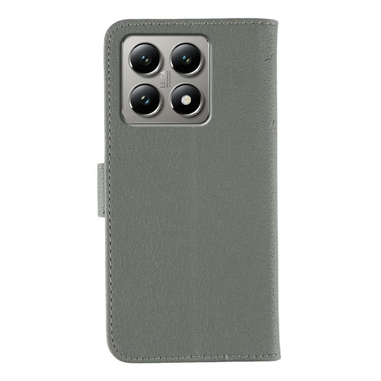 Funda de cuero con textura de lichi y estampado de plumas para Xiaomi 14T (gris)