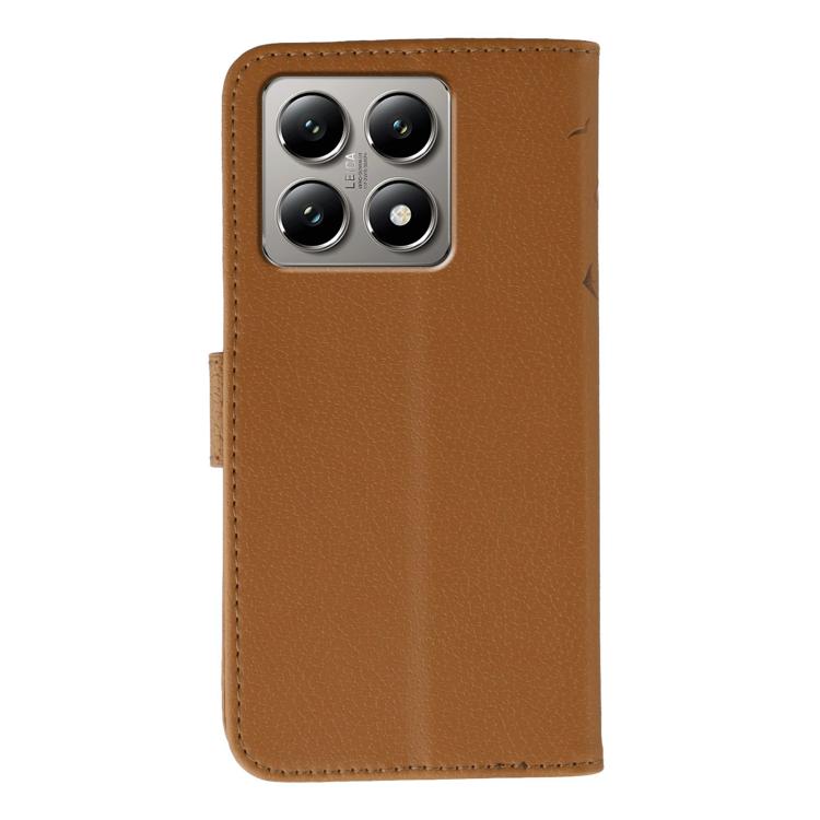 Funda de cuero con textura de lichi y estampado de plumas para Xiaomi 14T (marrón)