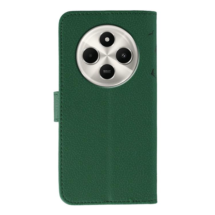 Funda de cuero con textura de lichi y estampado de plumas para Xiaomi Poco C75 4G (verde)