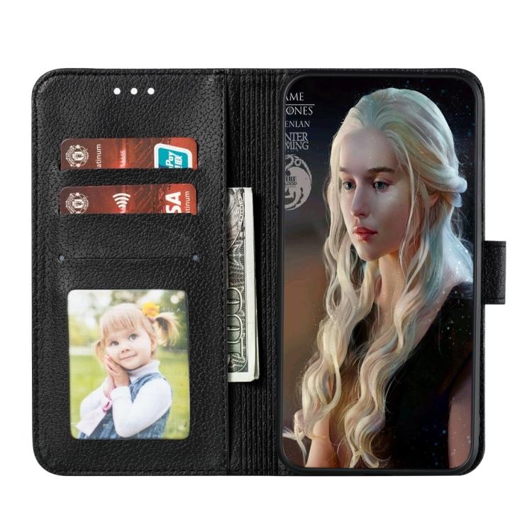 Funda de cuero con textura de lichi y estampado de plumas para Xiaomi Poco C75 4G (negro)