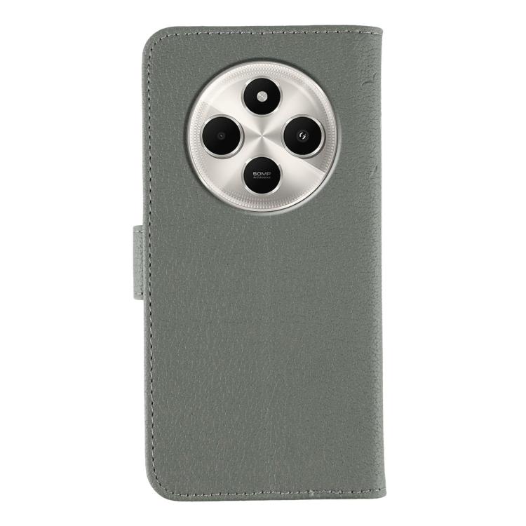 Funda de cuero con textura de lichi y estampado de plumas para Xiaomi Poco C75 4G (gris)