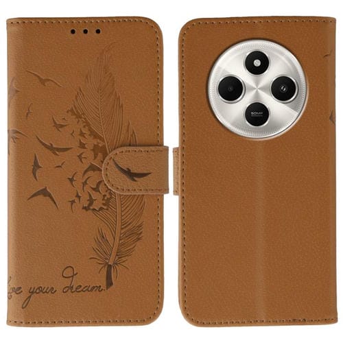 Funda de cuero con textura de lichi y estampado de plumas para Xiaomi Poco C75 4G (marrón)