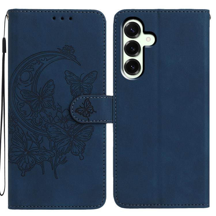 Funda de cuero con relieve y diseño de mariposas danzantes para Samsung Galaxy A17 5G (azul marino)