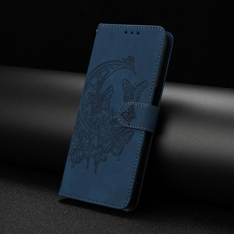 Funda de cuero con relieve y diseño de mariposas danzantes para Samsung Galaxy A17 5G (azul marino)