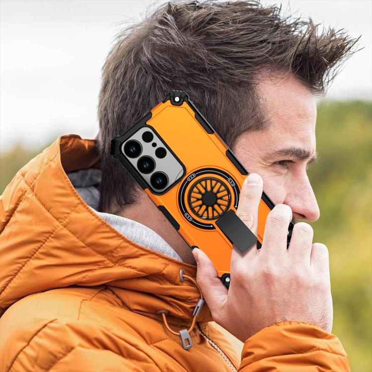 Funda MagSafe para Samsung Galaxy S25 Ultra 5G con soporte metálico, a prueba de golpes y eje (naranja)