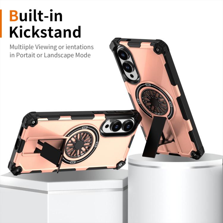 Funda MagSafe para Samsung Galaxy S25 Edge 5G con soporte metálico, a prueba de golpes y función atril (oro rosa)