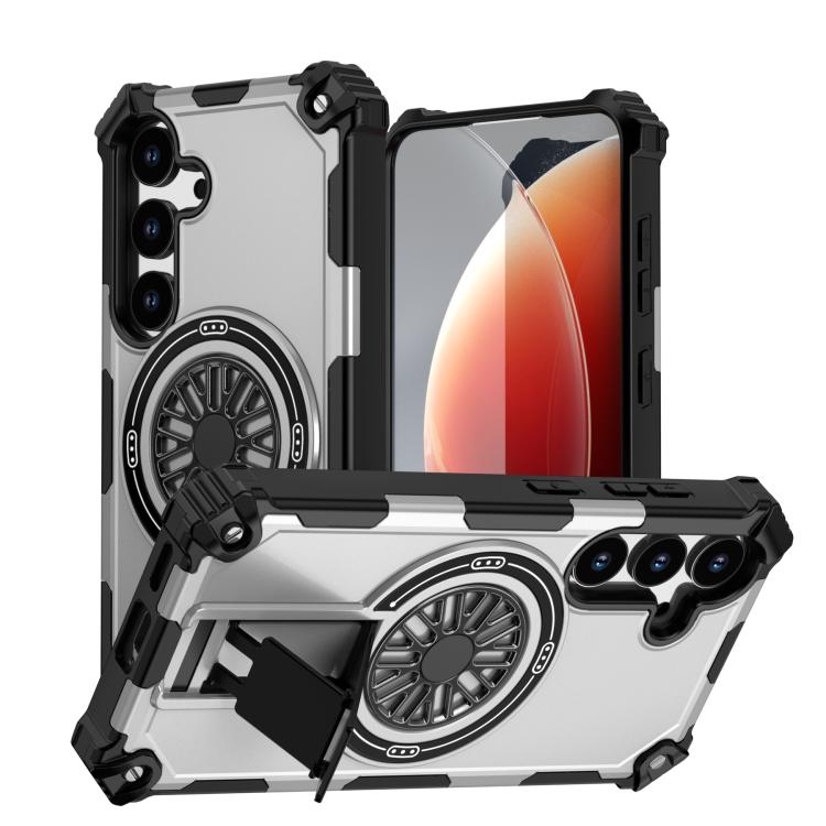 Funda MagSafe para Samsung Galaxy S24 5G con soporte metálico y a prueba de golpes (plateada)