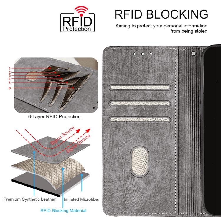 Funda de cuero con costuras de color y bloqueo RFID para Samsung Galaxy F06 5G (gris)