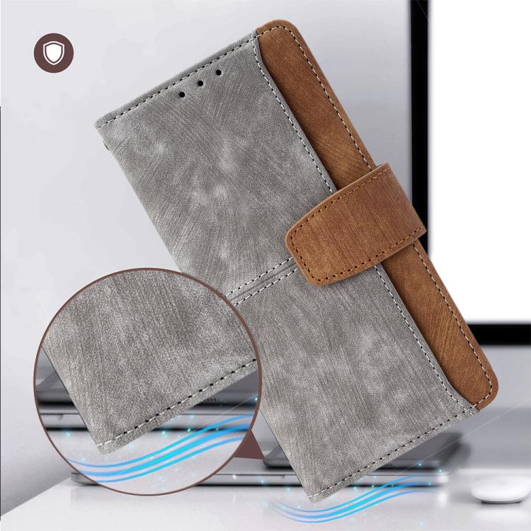 Funda de cuero con costuras de color y bloqueo RFID para Samsung Galaxy F06 5G (gris)