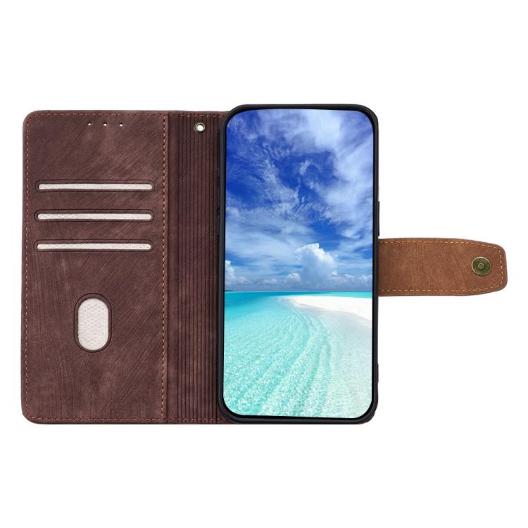 Funda de cuero con costuras de color y bloqueo RFID para Samsung Galaxy S25+ 5G (marrón)