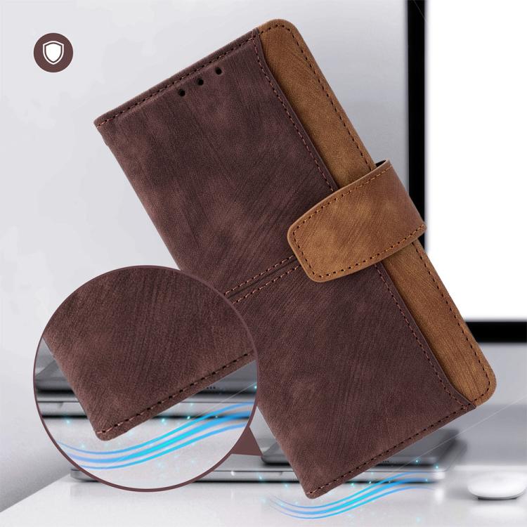 Funda de cuero con costuras de color y bloqueo RFID para Samsung Galaxy S25+ 5G (marrón)