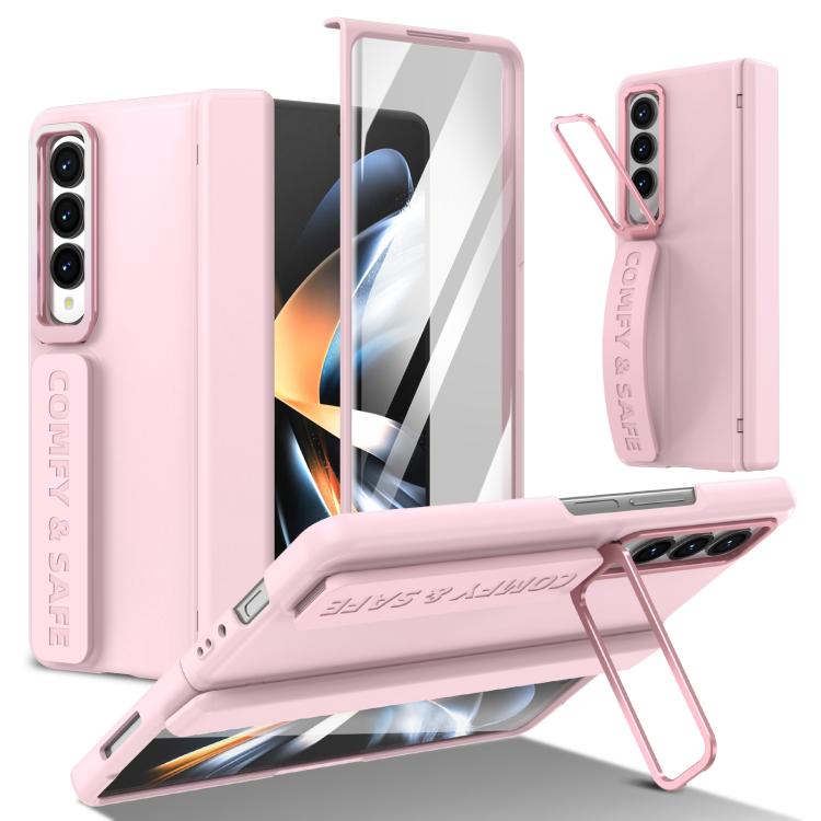 Funda para Samsung Galaxy Z Fold4 con marco de lente integrado y correa para la muñeca (rosa)