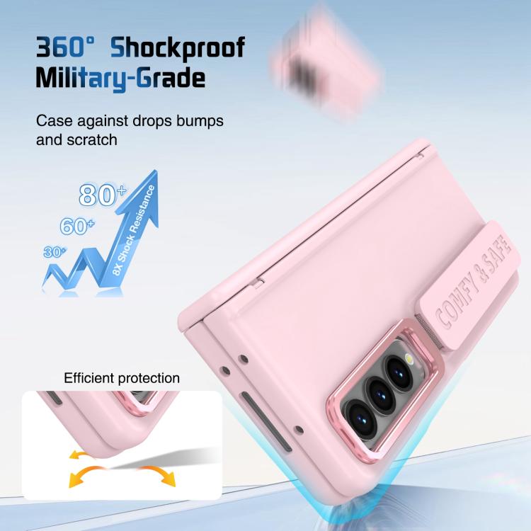 Funda para Samsung Galaxy Z Fold4 con marco de lente integrado y correa para la muñeca (rosa)