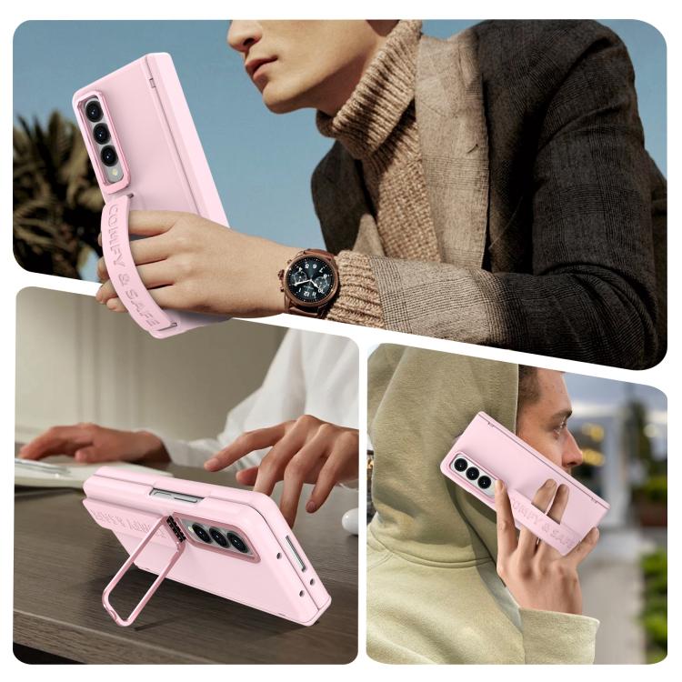 Funda para Samsung Galaxy Z Fold4 con marco de lente integrado y correa para la muñeca (rosa)