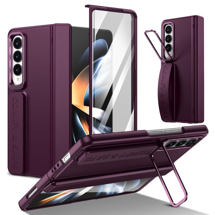 Funda para teléfono con soporte para lente integrada y correa para Samsung Galaxy Z Fold4 (rojo vino)