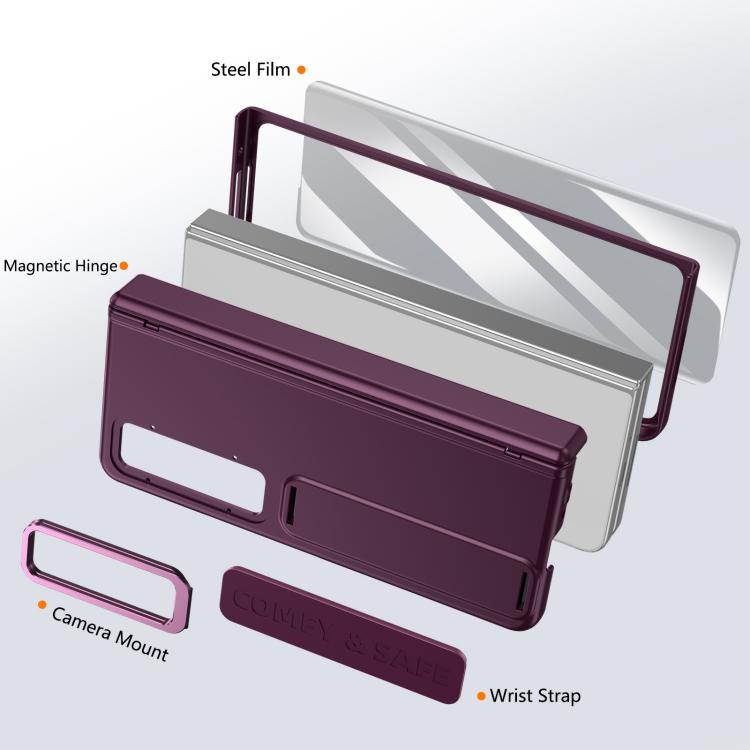 Funda para teléfono con soporte para lente integrada y correa para Samsung Galaxy Z Fold4 (rojo vino)