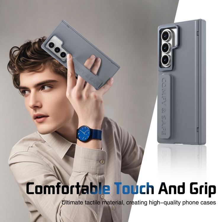 Funda para Samsung Galaxy Z Fold7 con marco de lente integrado y correa para la muñeca (gris)