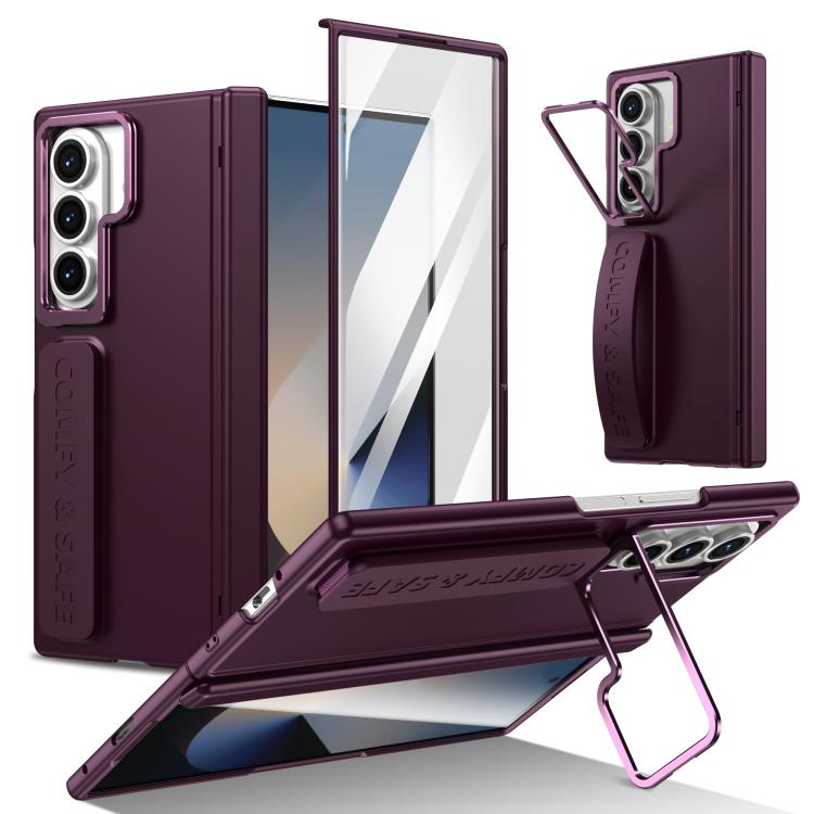 Funda para teléfono con soporte para lente integrada y correa para Samsung Galaxy Z Fold7 (rojo vino)