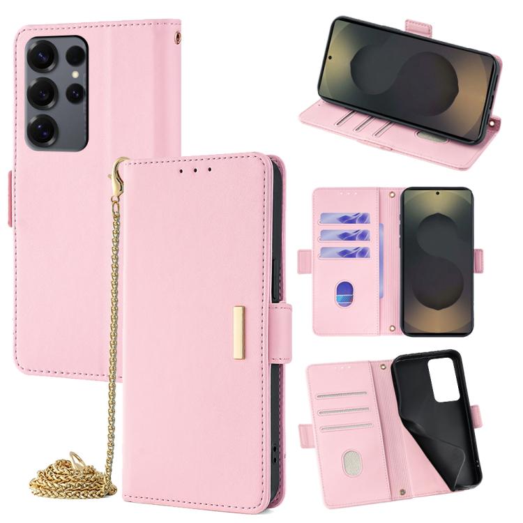 Funda de cuero con cadena cruzada para Samsung Galaxy S25 Ultra 5G (rosa)