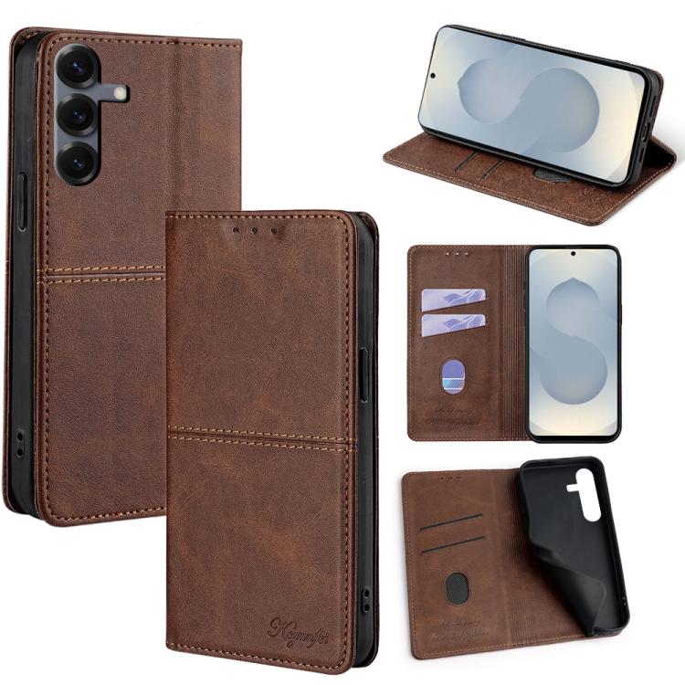 Funda magnética de cuero con textura de vaca para Samsung Galaxy S25 5G (marrón oscuro)