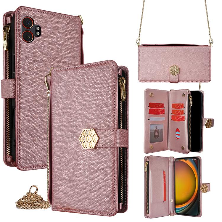 Funda de cuero con textura cruzada y asa cruzada para Samsung Galaxy Xcover 7 Pro 5G (oro rosa)