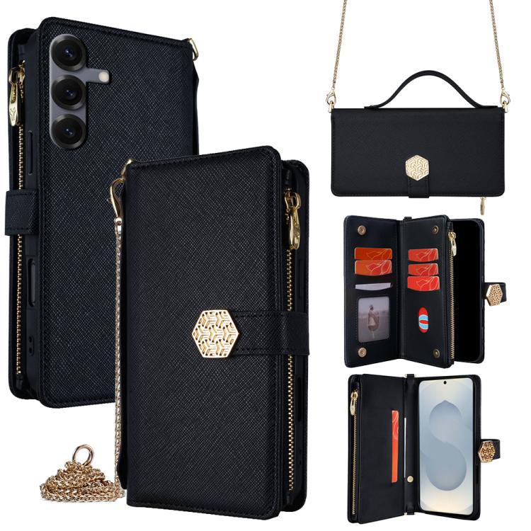 Funda de cuero con textura cruzada y asa cruzada para Samsung Galaxy S25 5G (negro)