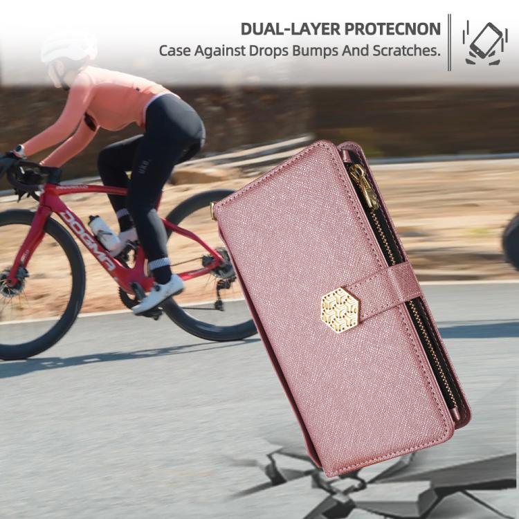 Funda de cuero con textura cruzada y asa cruzada para Samsung Galaxy S25 5G (oro rosa)
