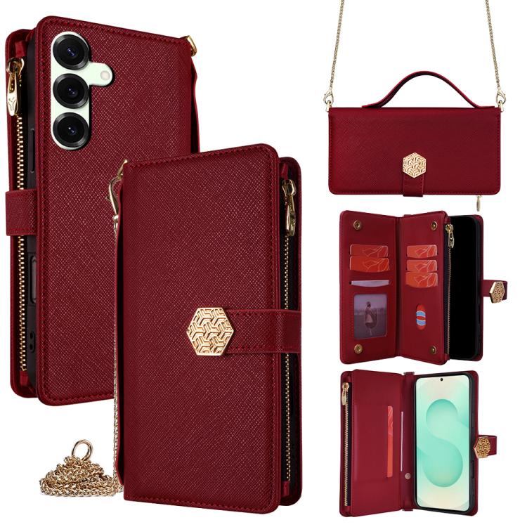 Funda de cuero con textura cruzada y asa cruzada para Samsung Galaxy S25+ 5G (roja)