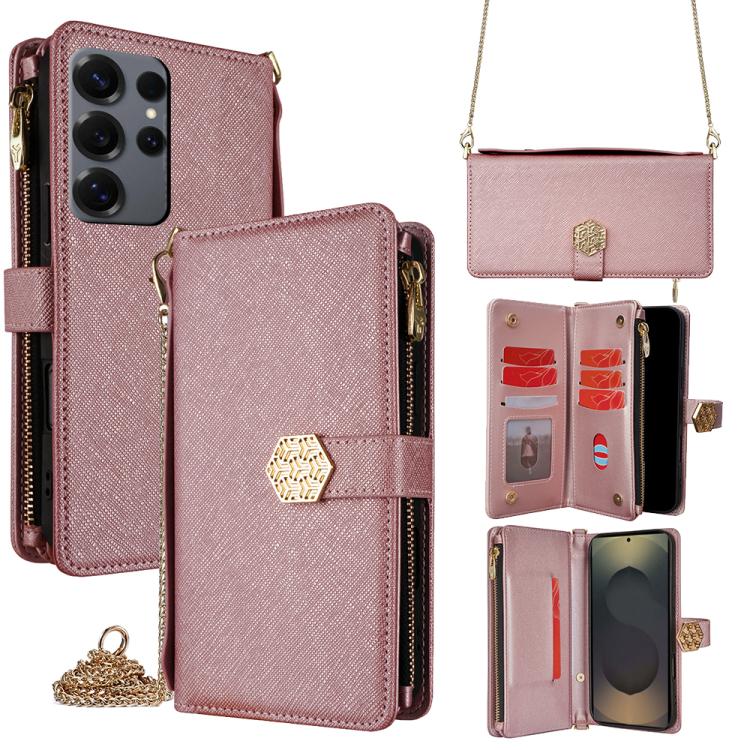 Funda de cuero con textura cruzada y asa cruzada para Samsung Galaxy S25 Ultra 5G (oro rosa)