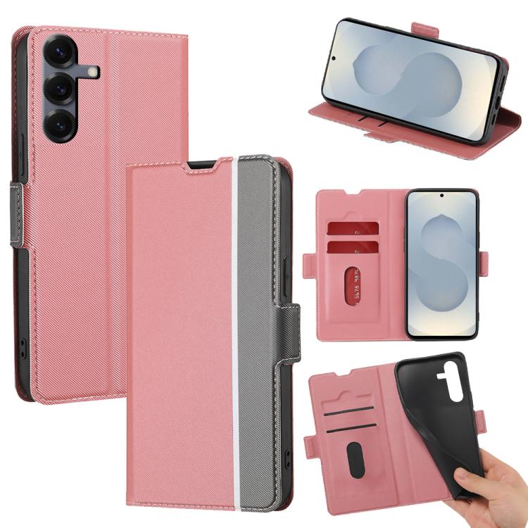 Funda de cuero con textura de sarga y botones laterales para Samsung Galaxy S25 5G (rosa)