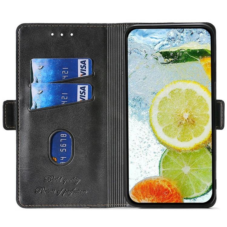 Funda de cuero con hebilla lateral en color de contraste para Samsung Galaxy S25 5G (negro y gris)