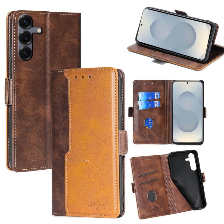 Funda de cuero con hebilla lateral en color de contraste para Samsung Galaxy S25 5G (marrón oscuro y dorado)